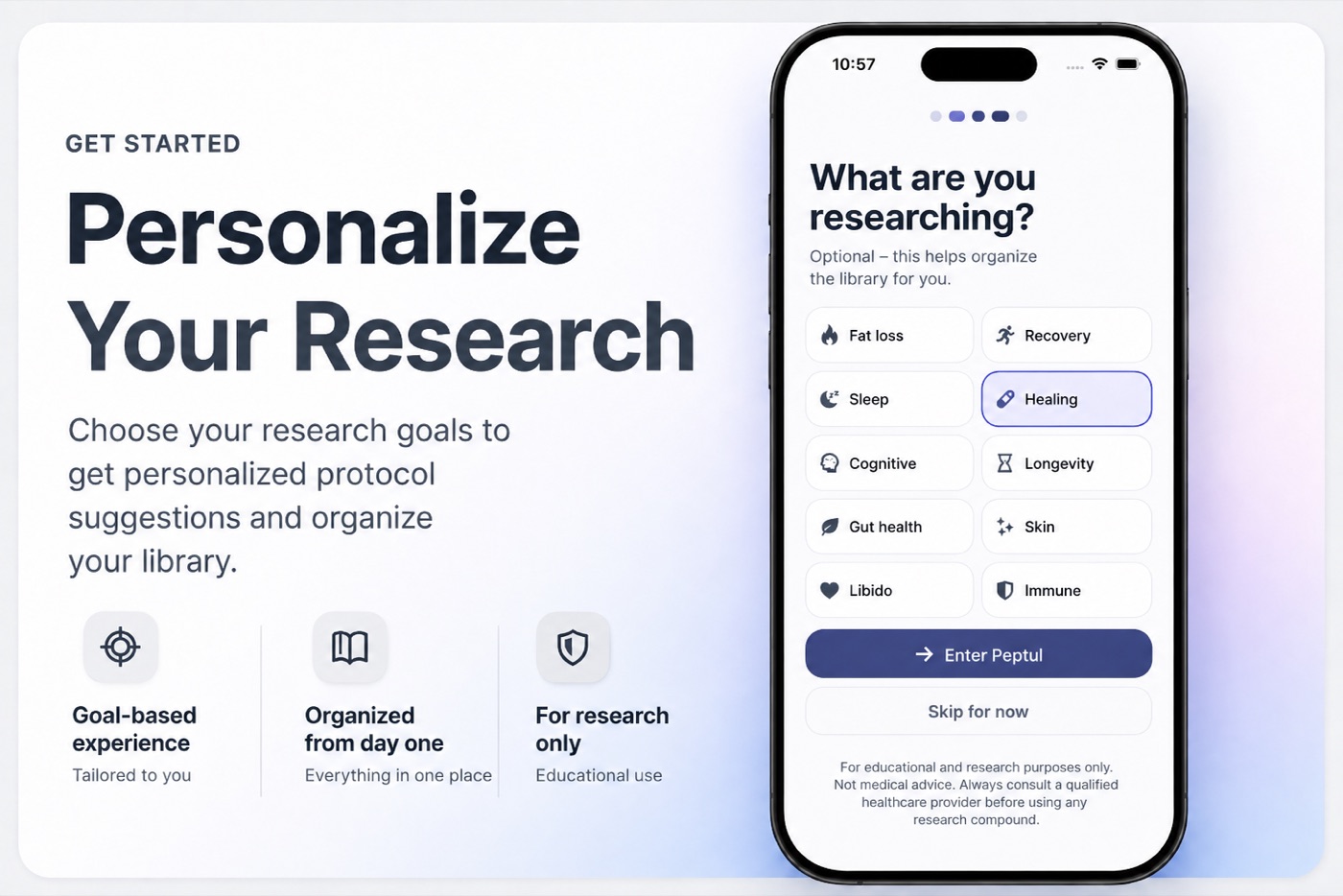 Peptul app goal picker screen - choose Fat loss, Recovery, Sleep, Healing, and more to personalize your research