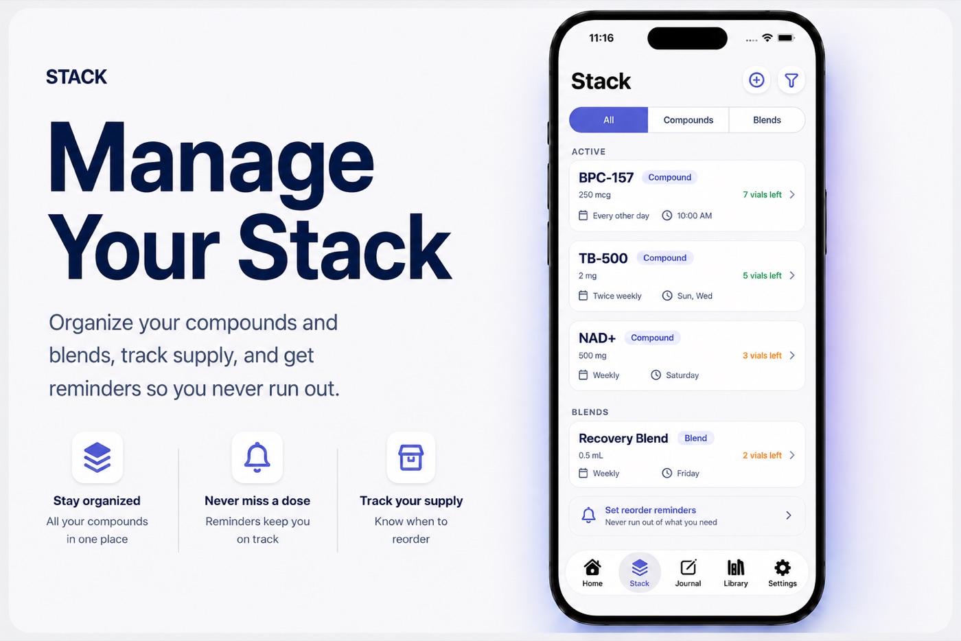 Peptul app Stack screen showing compounds, blends, supply left, and reorder reminders