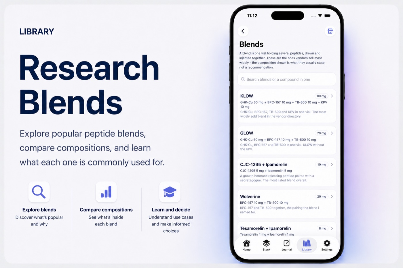 Peptul app research blends screen showing composition of KLOW, GLOW, and other popular blends