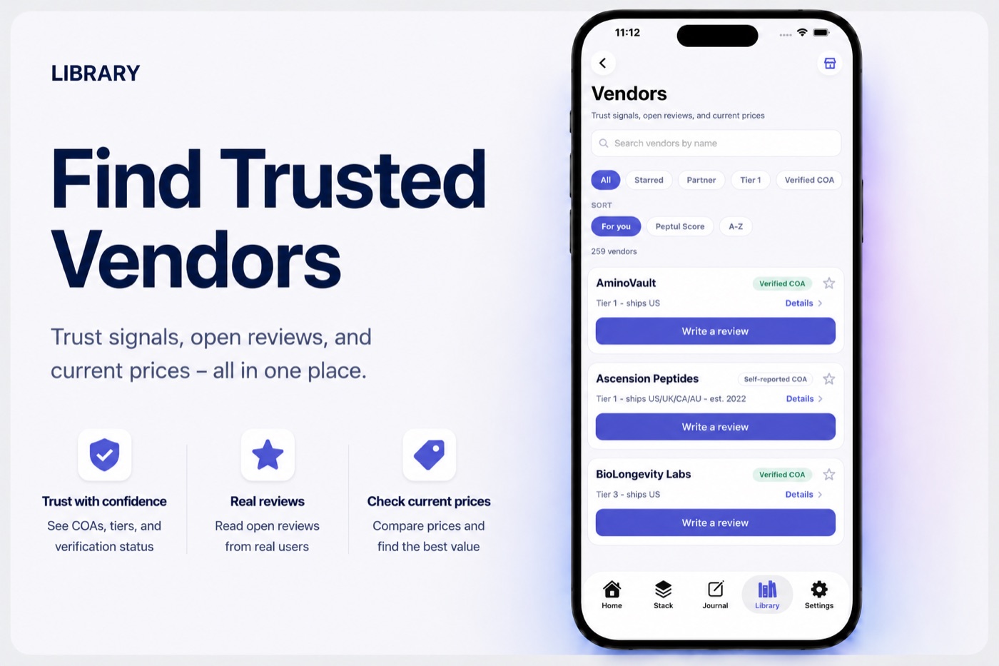 Peptul app Vendors screen with trust tiers, verified COA badges, and open reviews
