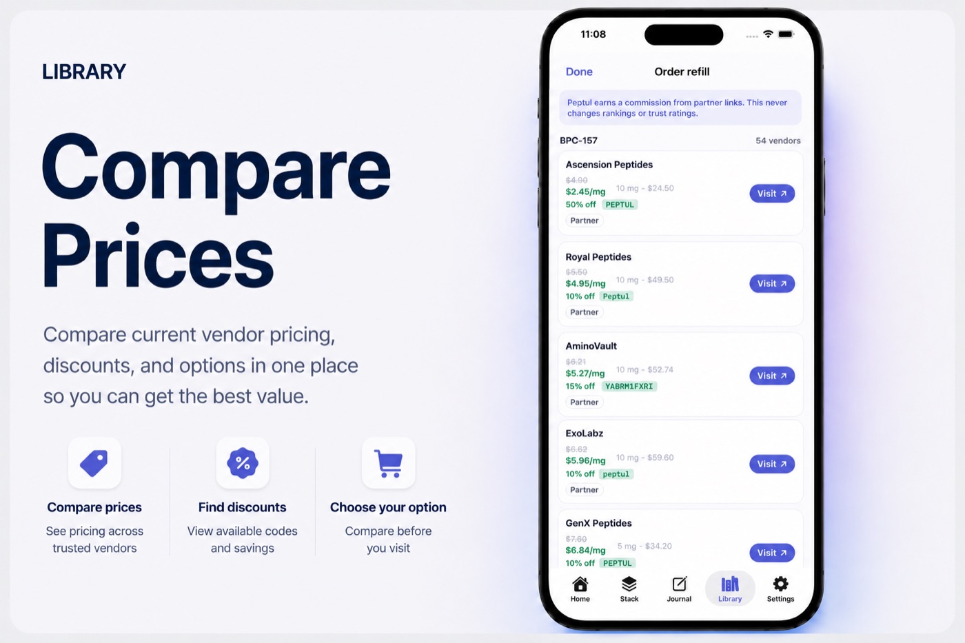 Peptul app order refill screen comparing partner vendor prices and discounts