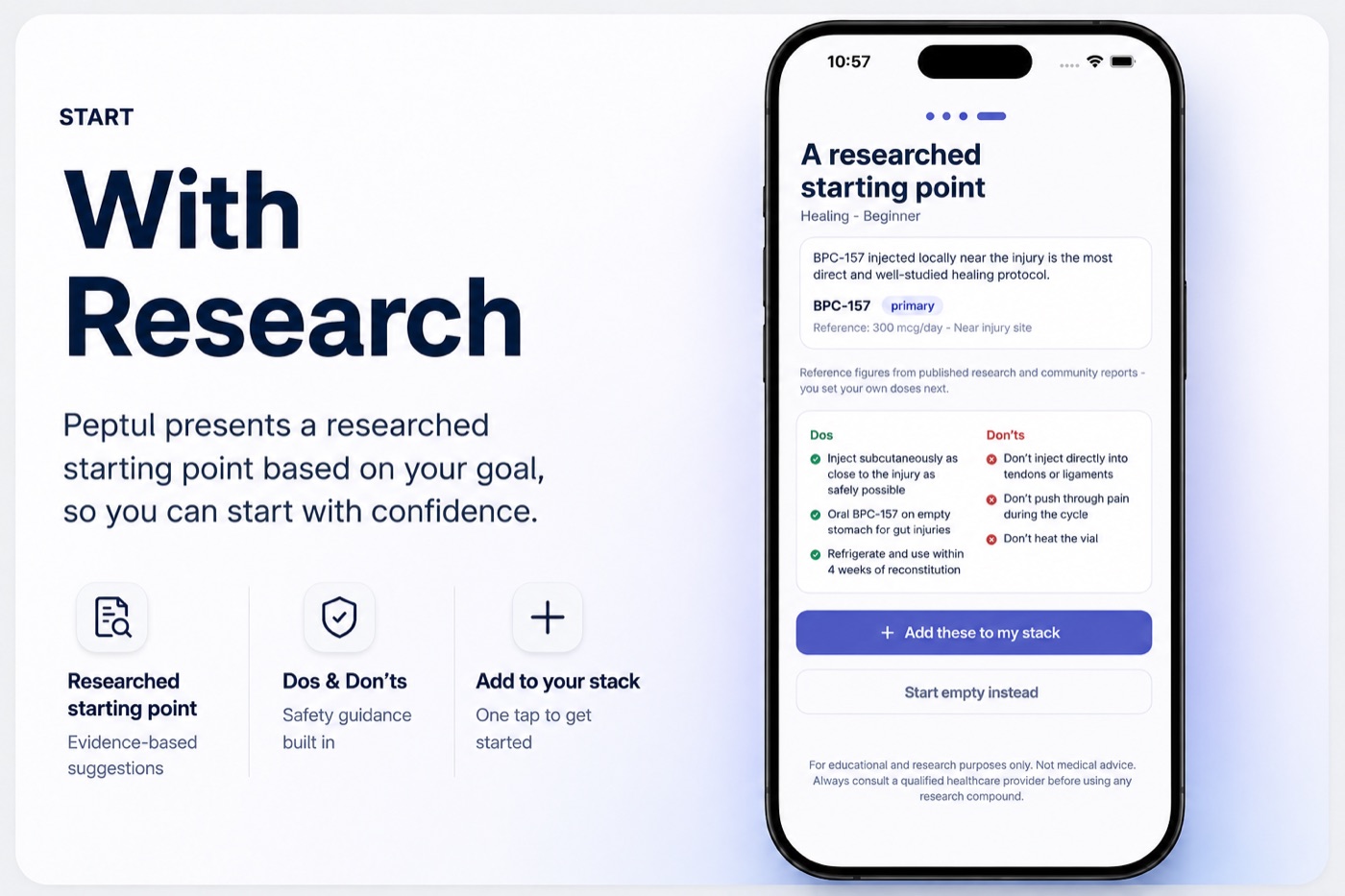 Peptul app researched starting point with Dos and Don’ts and a one-tap add to your stack