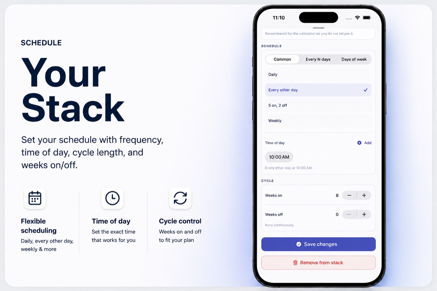 Peptul app schedule editor with frequency, time of day, and weeks on/off cycle control