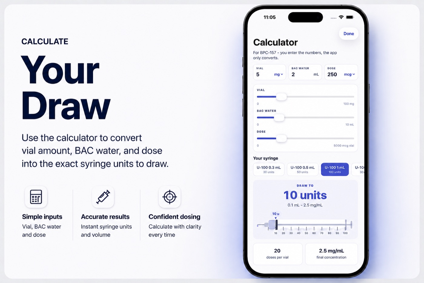 Peptul app reconstitution calculator converting vial, BAC water, and dose into exact syringe units