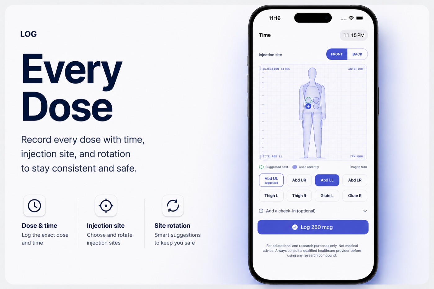 Peptul app dose logging screen with injection site rotation on a body map