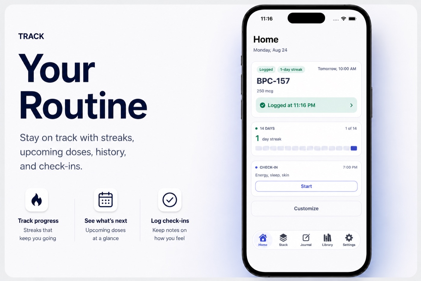 Peptul app Home screen showing today’s dose, streak, and check-in