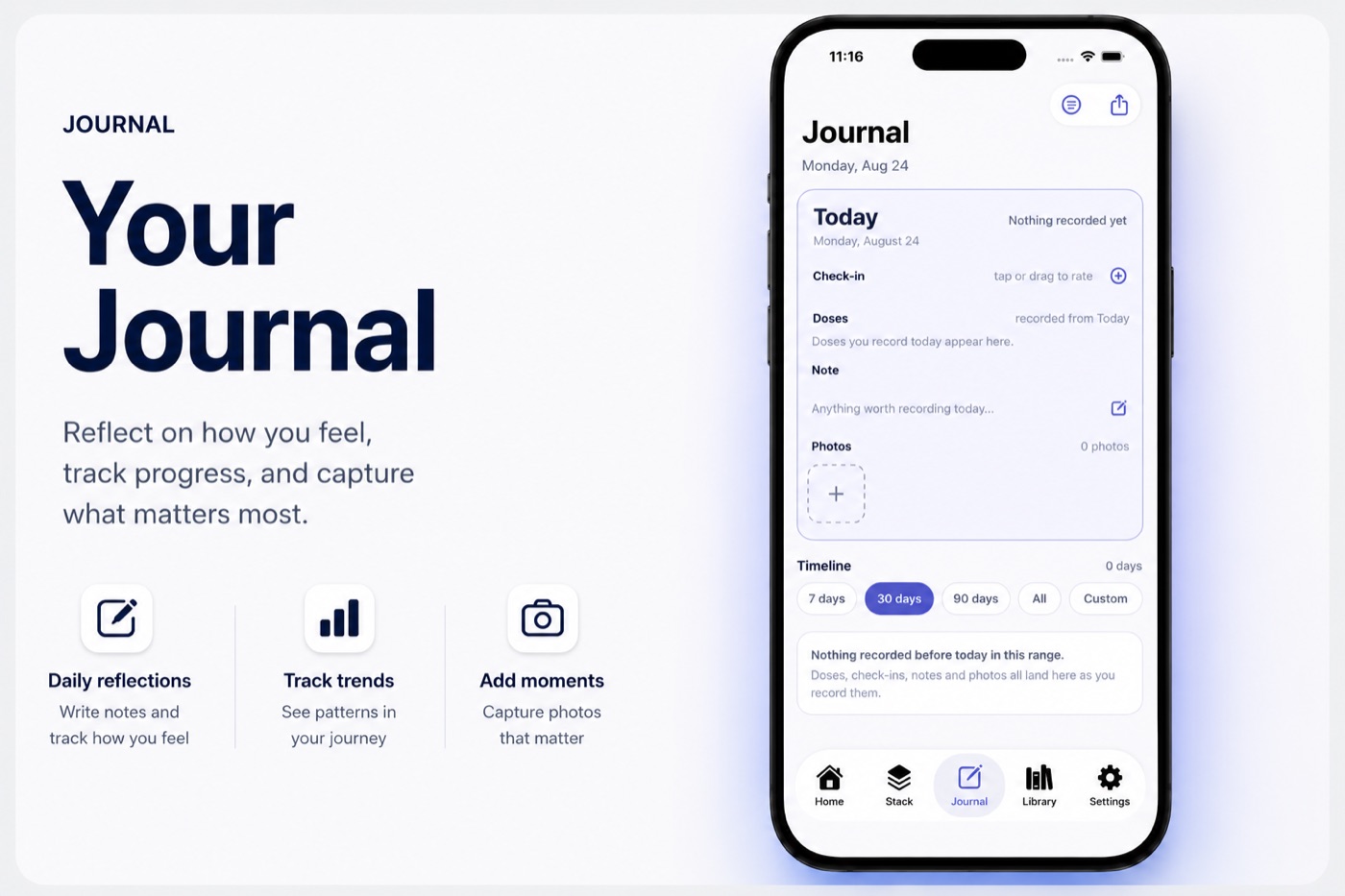 Peptul app Journal screen for daily reflections, timeline, and photos