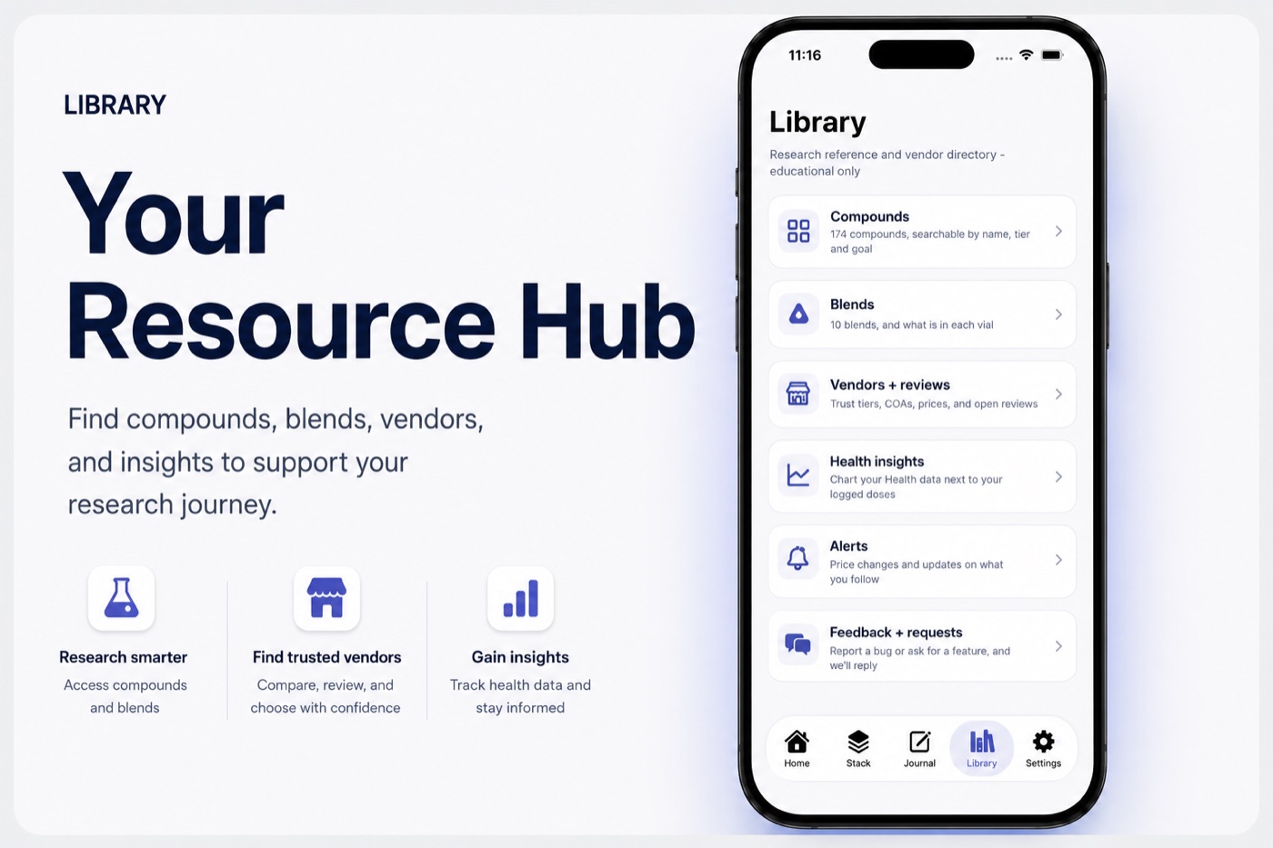 Peptul app Library hub with compounds, blends, vendors, health insights, and alerts