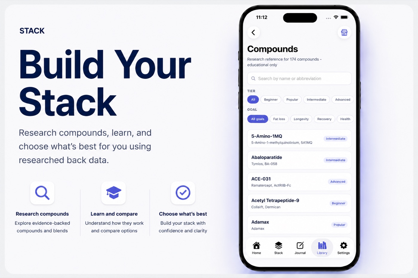 Peptul app compound library searchable by name, tier, and goal